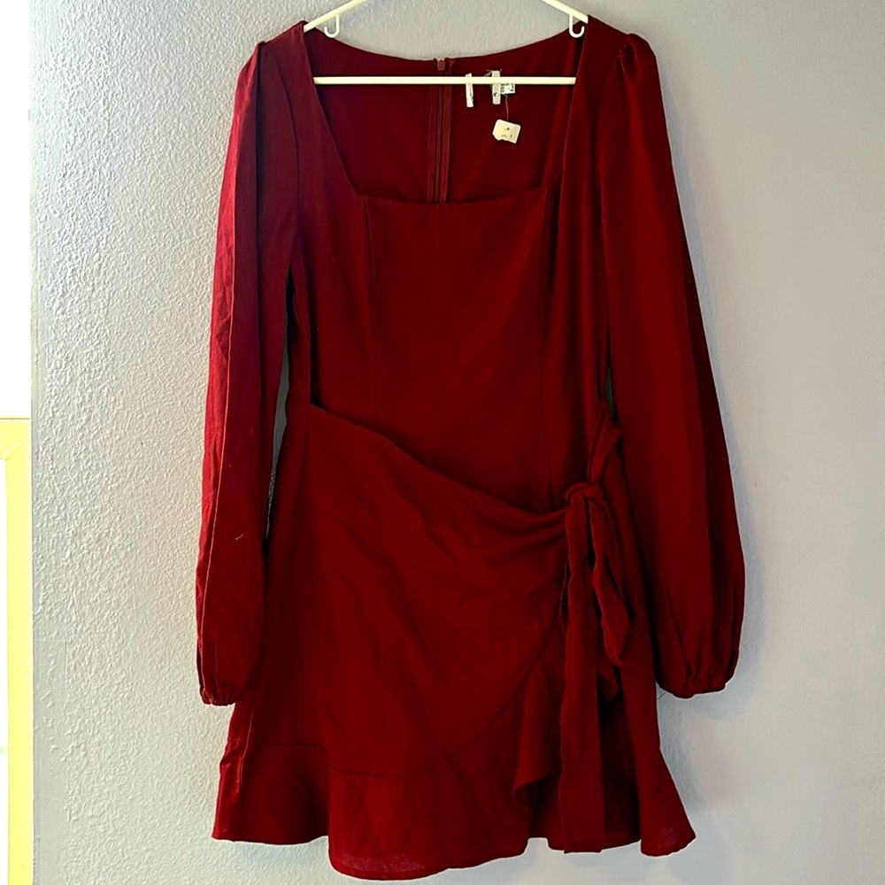 Princess Polly Red Square Neck Long Sleeve Tie Waist Dress